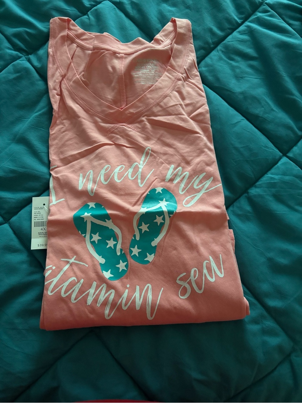 Catherines Coral Graphic Sleep Tee with Teal Flip-Flop Print